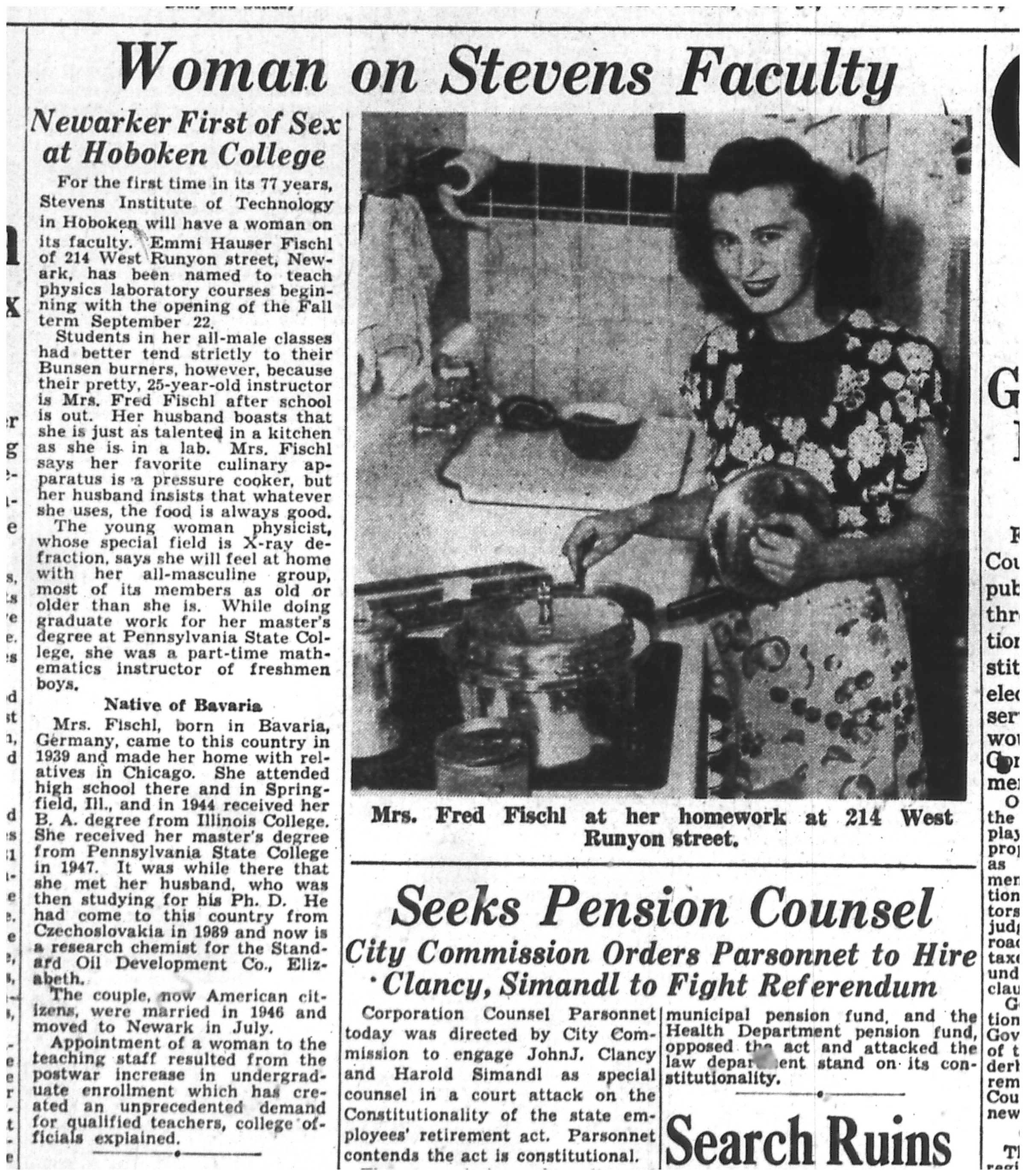 Old newspaper with article titled "Woman on Stevens Faculty" with photo of Fischl cooking.