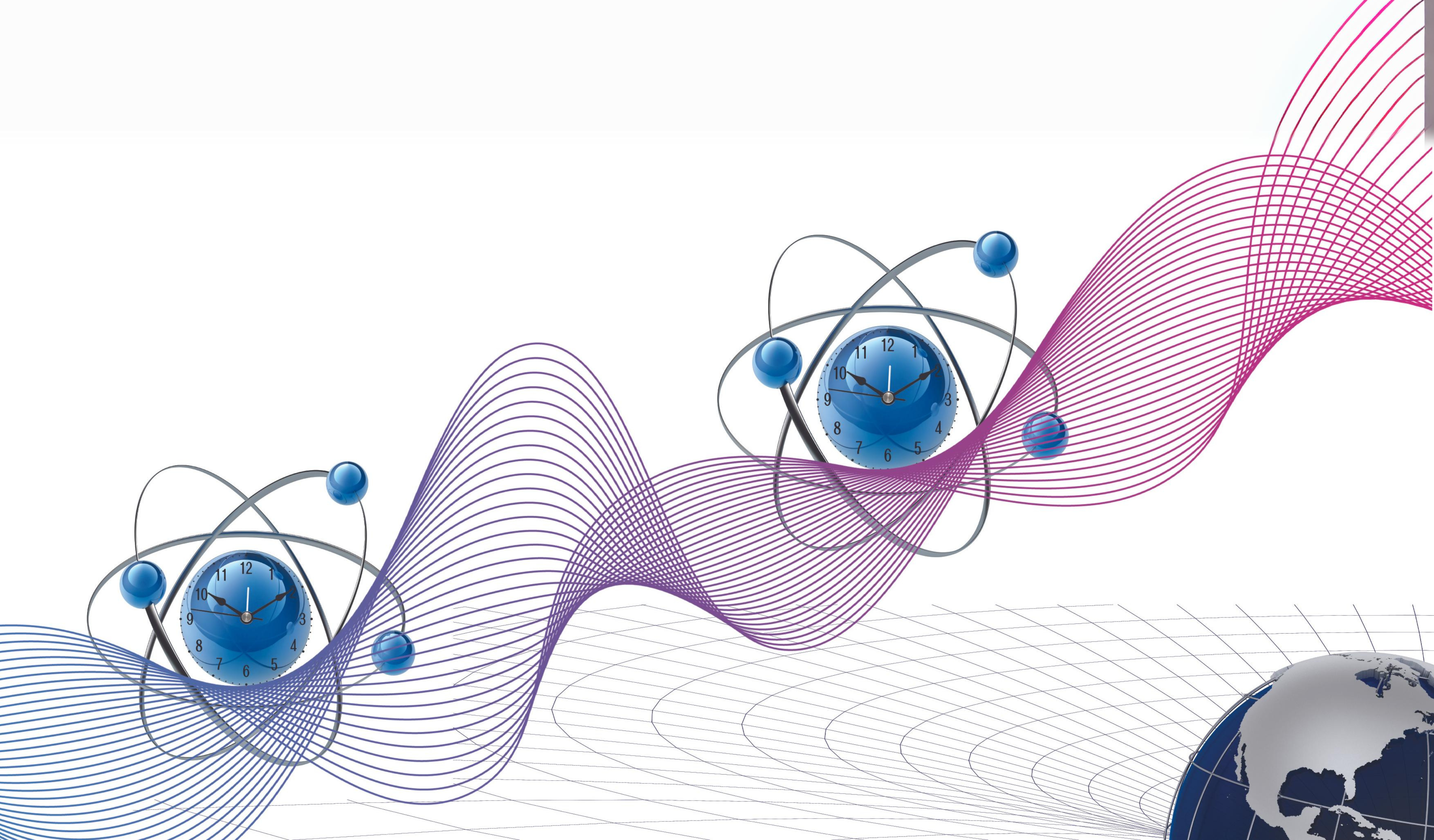 An abstract illustration of quantum time, showing atoms with clocks at their center. In the background are waves. In the lower right corner is Earth amid lines that represent curved space-time.