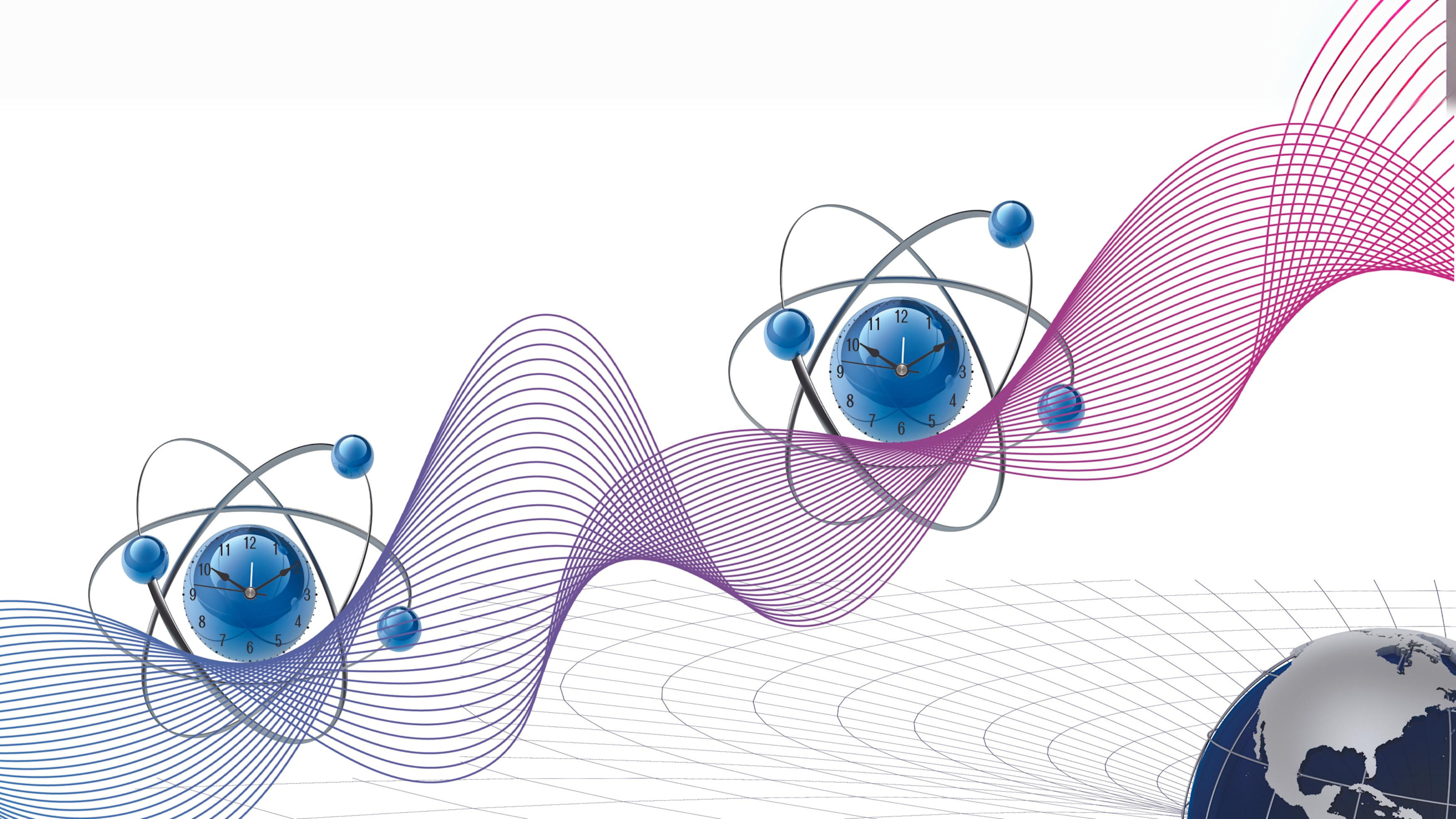 An abstract illustration of quantum time, showing atoms with clocks at their center. In the background are waves. In the lower right corner is Earth amid lines that represent curved space-time.