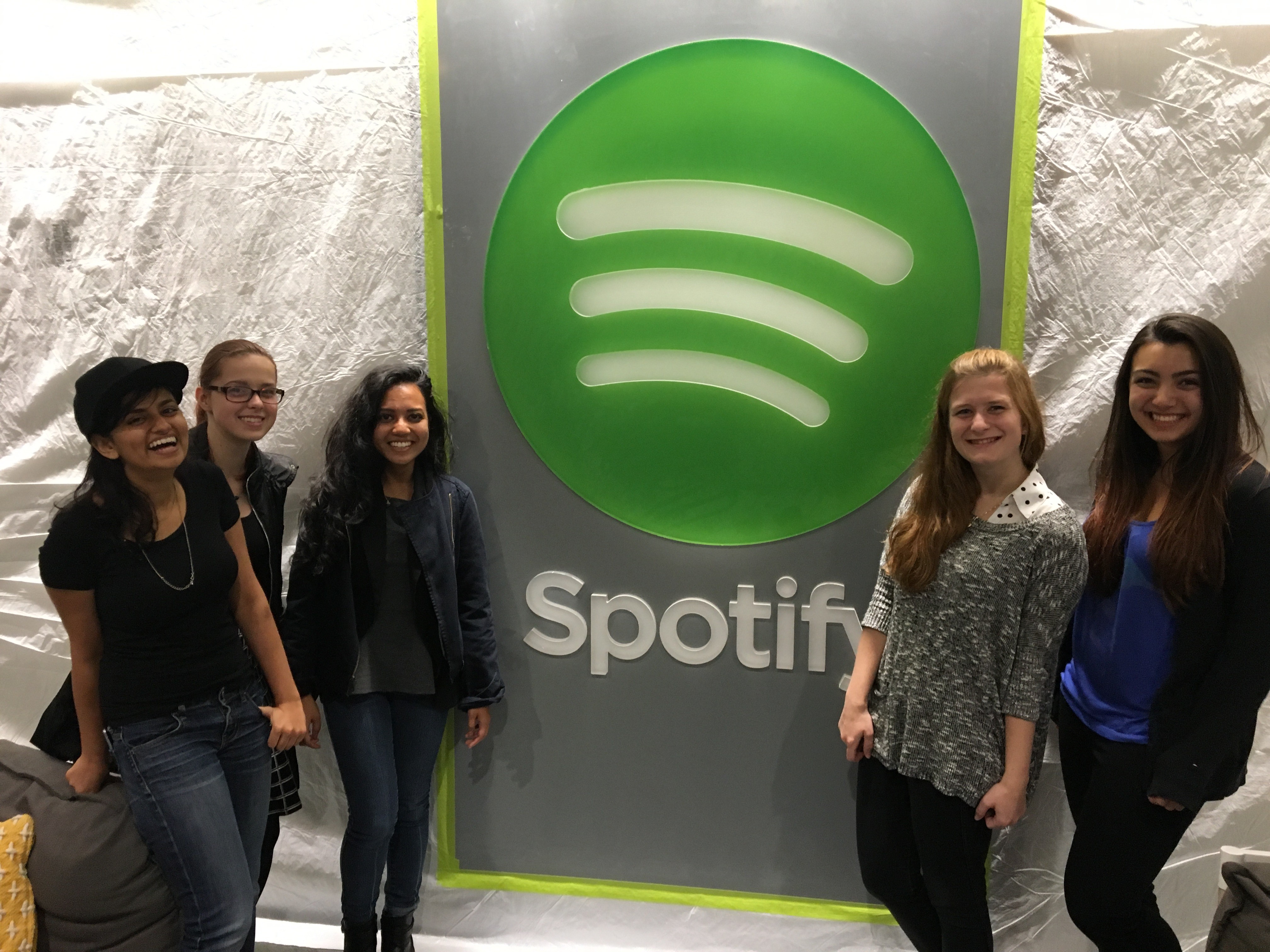 SWiCS members Roma Shah, Weronika Zamlynny, Monica Razak, Zoe Millard, Ayse Akin at the Spotify office in New York City during a technology networking event.