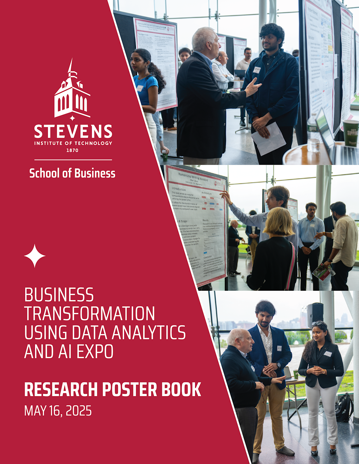 Cover of the AI and Data Post Book. Features several images of students presenting their research. 