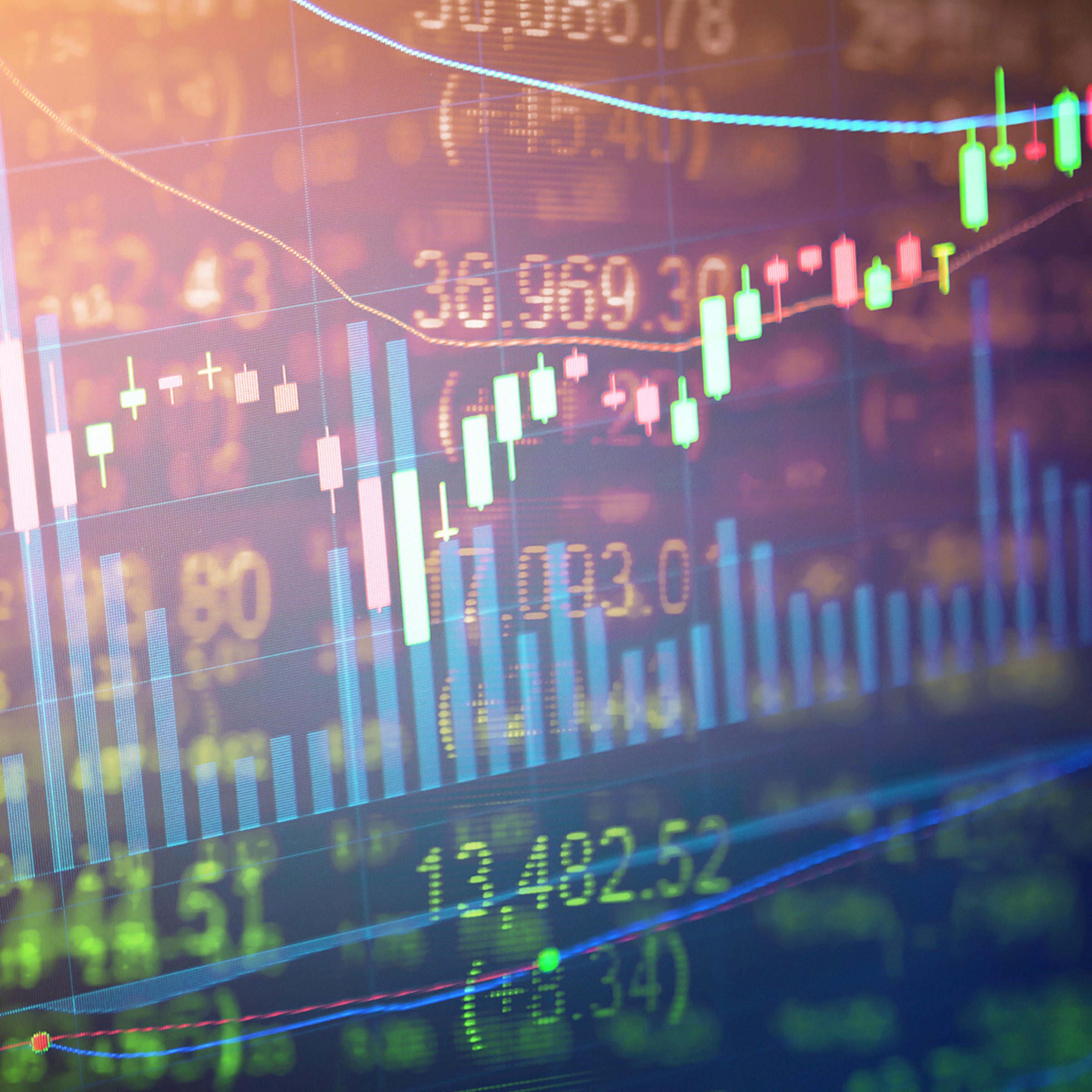 colorful image of stack charts overlaid with stock bar graphs