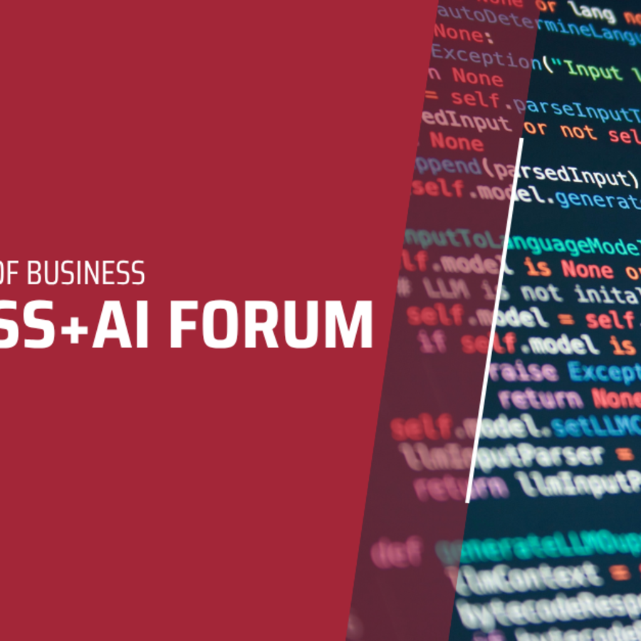 Banner for the Stevens School of Business Business+AI Forum, with a deep red panel on the left displaying the event title in bold white text, and a close-up of blurred, colorful programming code on a dark background filling the right side.