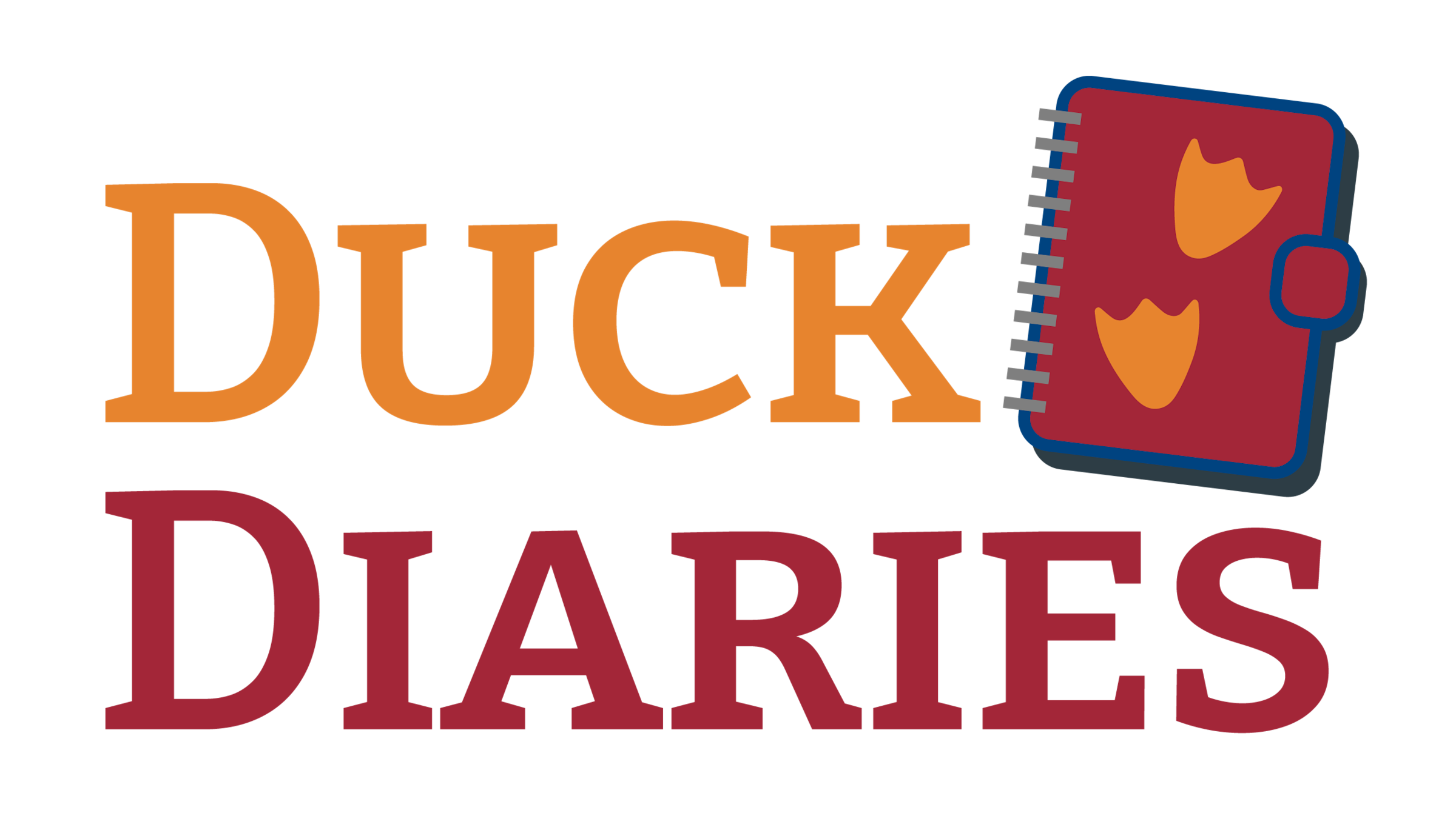 Duck Diaries stacked logo featuring notebook graphic with duck feet prints