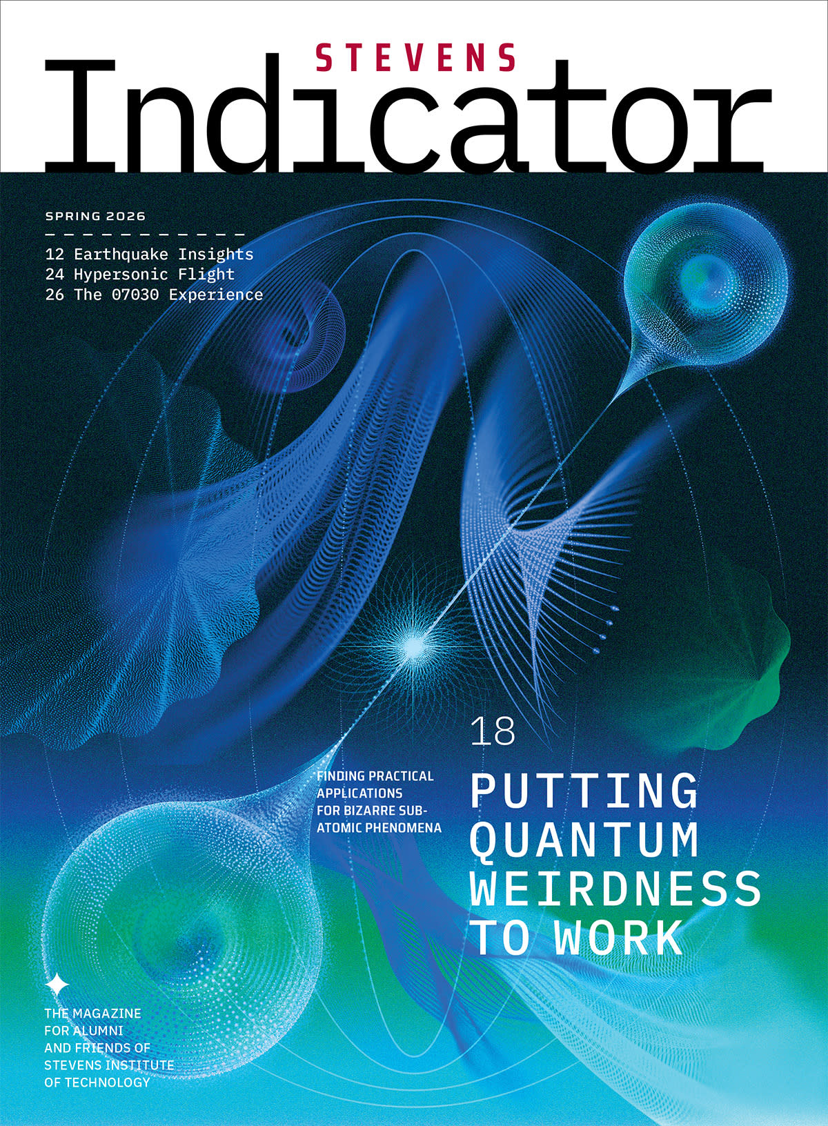 Cover of the Indicator, an abstract image with the title 'Putting Quantum Weirdness to Work".