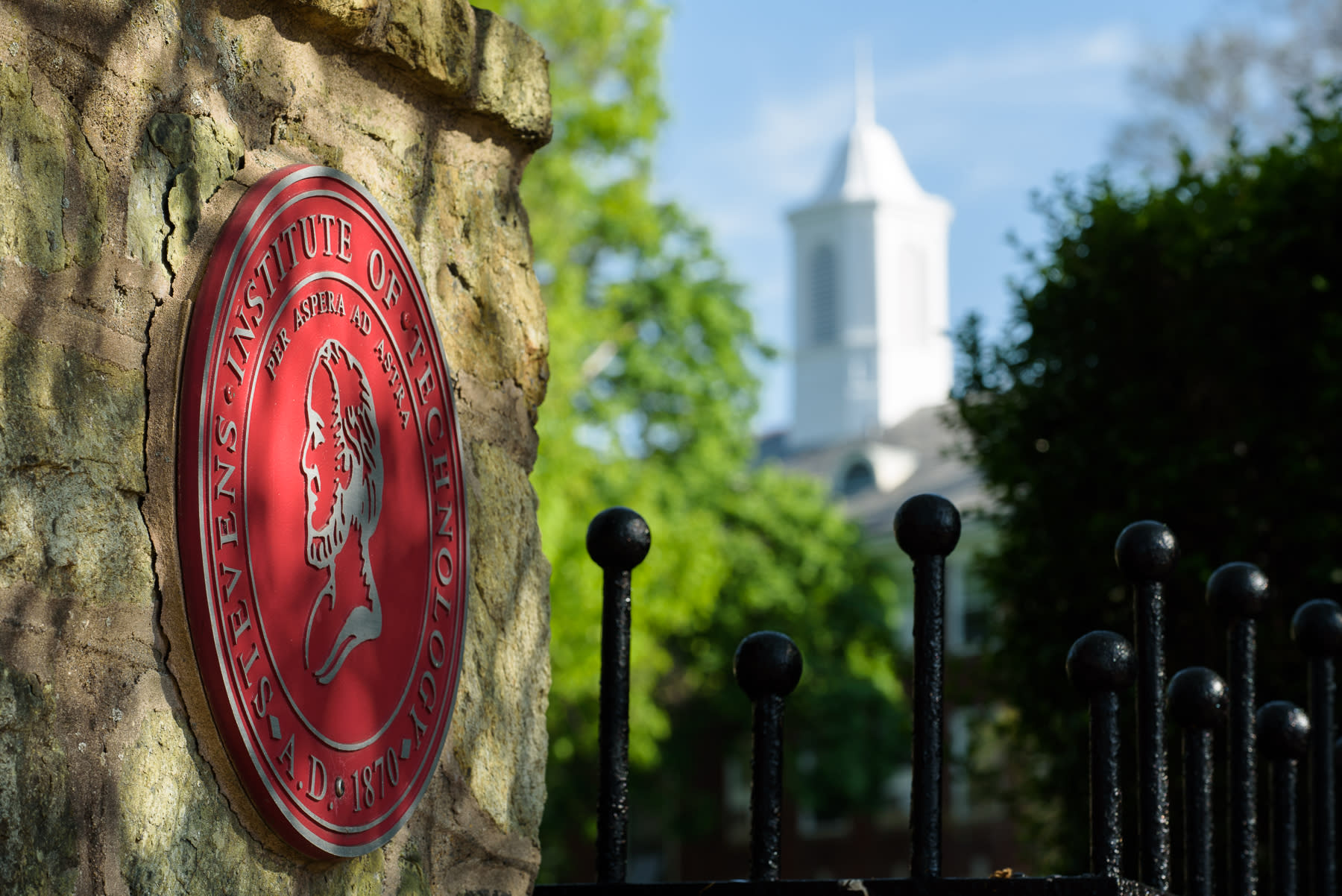 Stevens seal on gateway entrance to campus