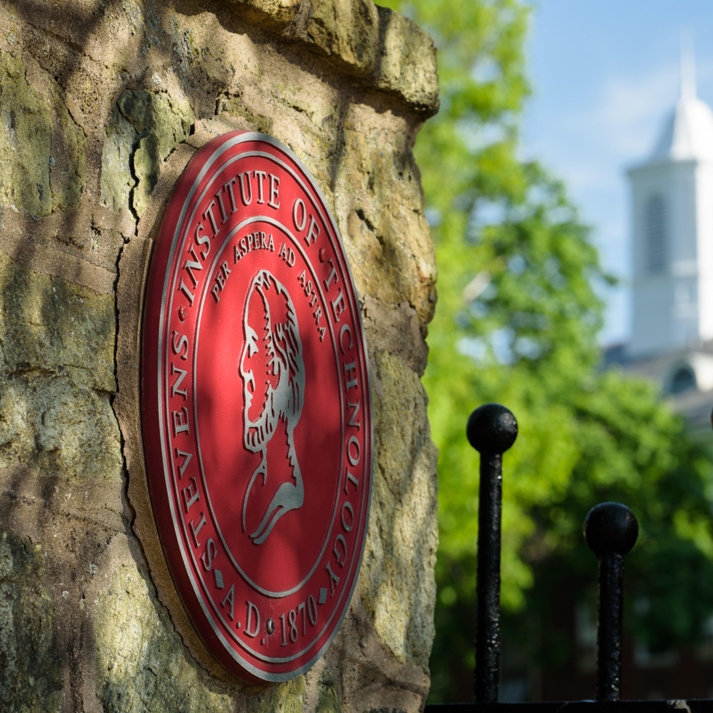 Stevens seal on gateway entrance to campus