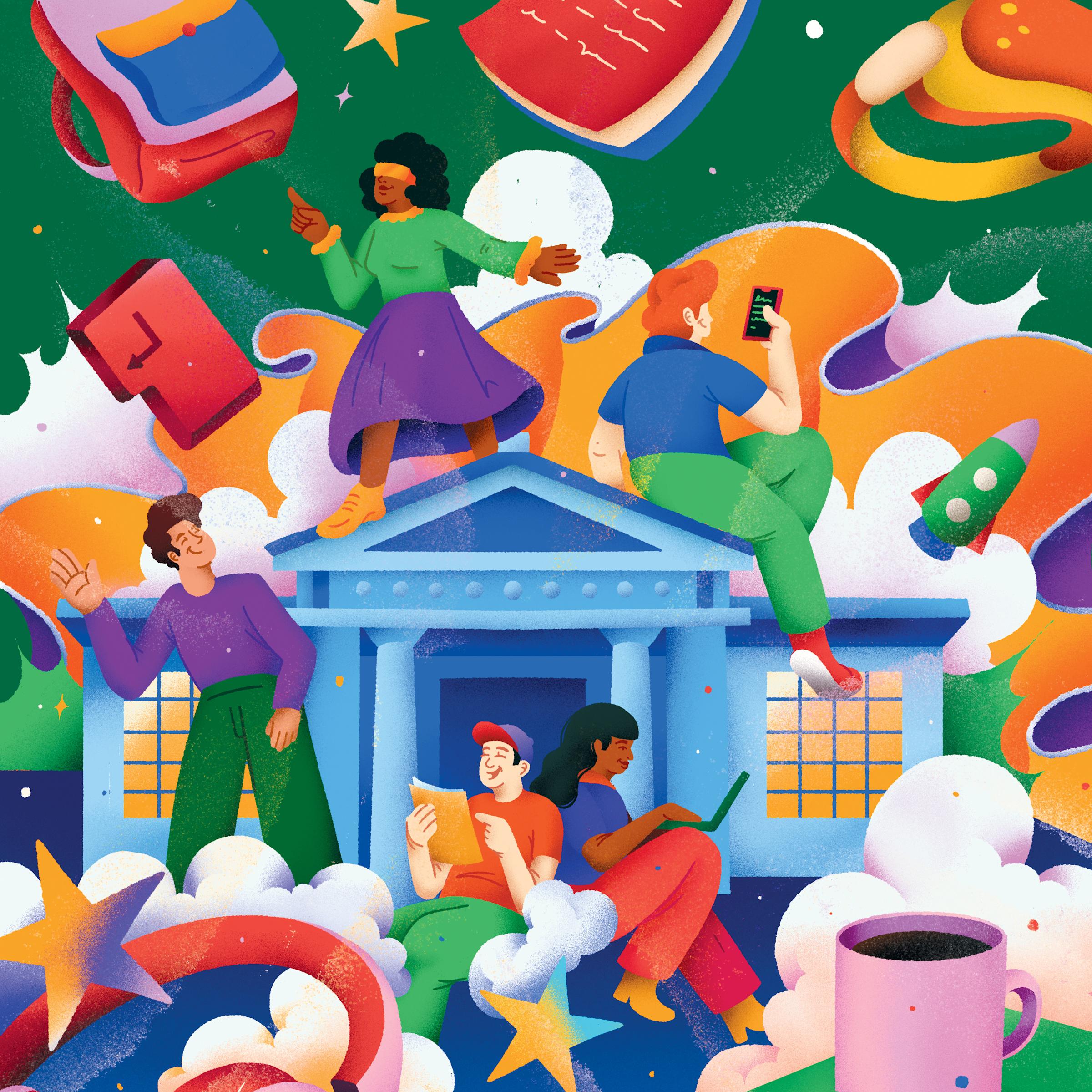 Illustration of students around an academic building doing academic things, like reading and learning.