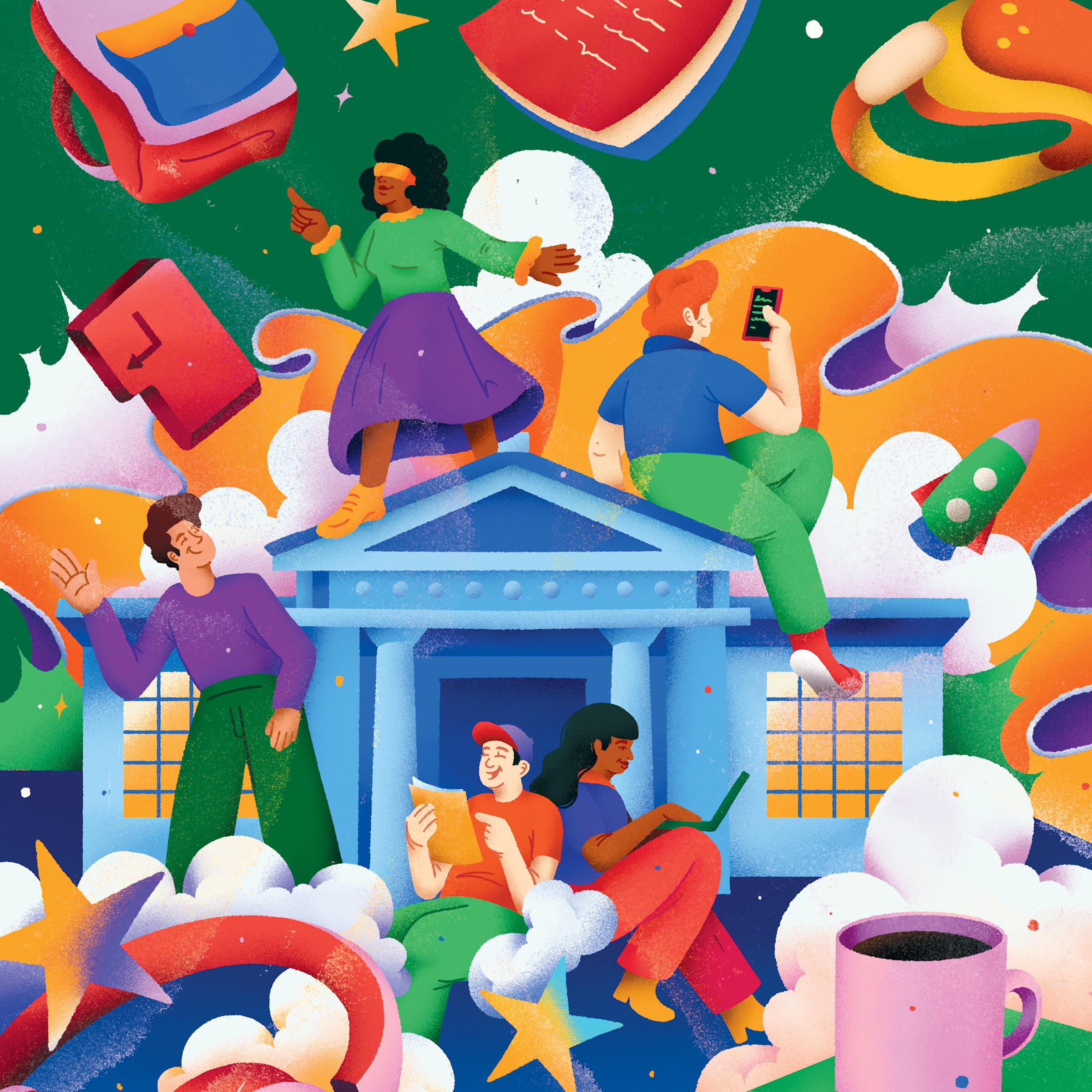 Illustration of students around an academic building doing academic things, like reading and learning.