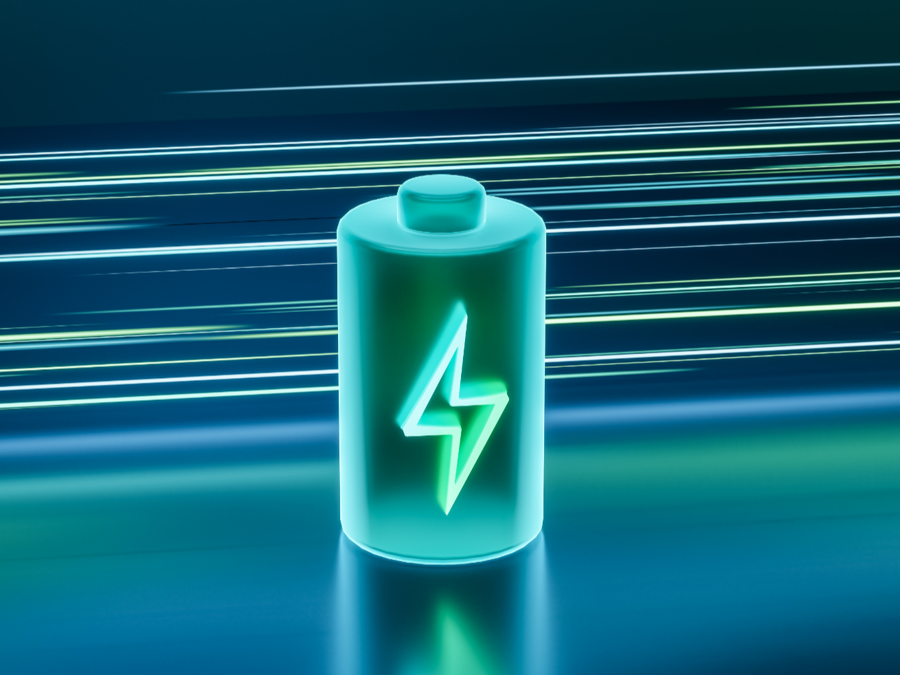 A graphic of a charged battery with bright horizontal lines behind it.