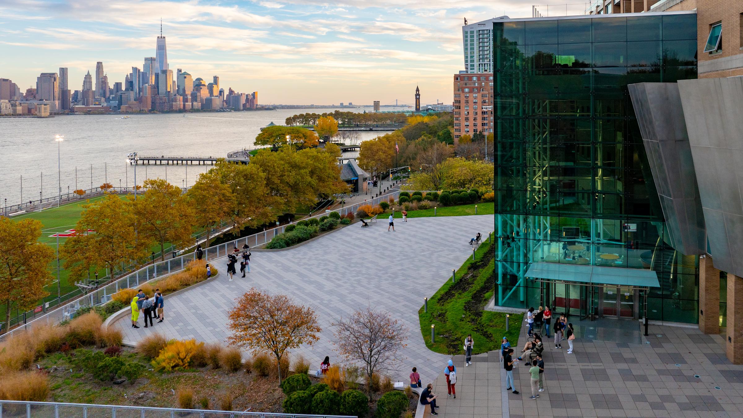 Aerial photo of Babbio Building and NYC skyline