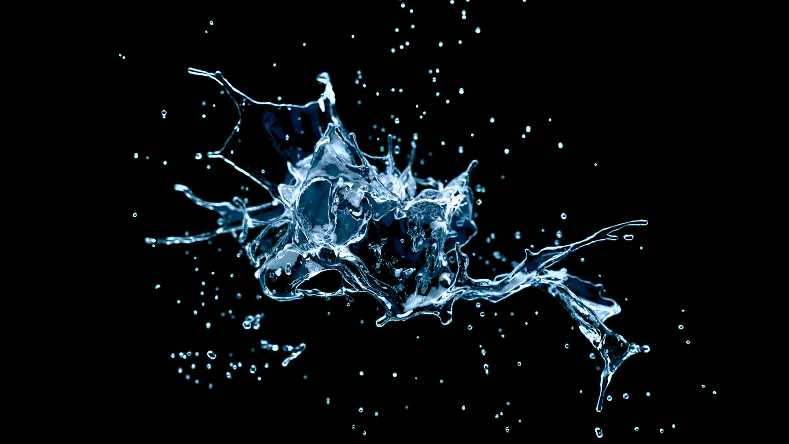  Abstract blue water splash burst on a black background, with droplets scattering outward and a central splash forming a dynamic arc.