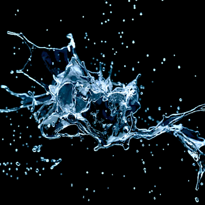 Abstract blue water splash burst on a black background, with droplets scattering outward and a central splash forming a dynamic arc.