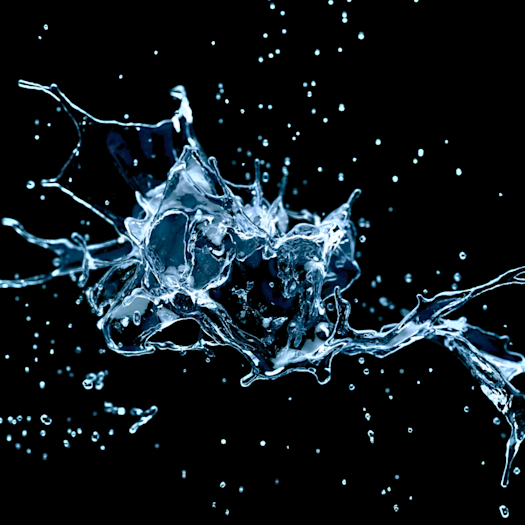 Abstract blue water splash burst on a black background, with droplets scattering outward and a central splash forming a dynamic arc.