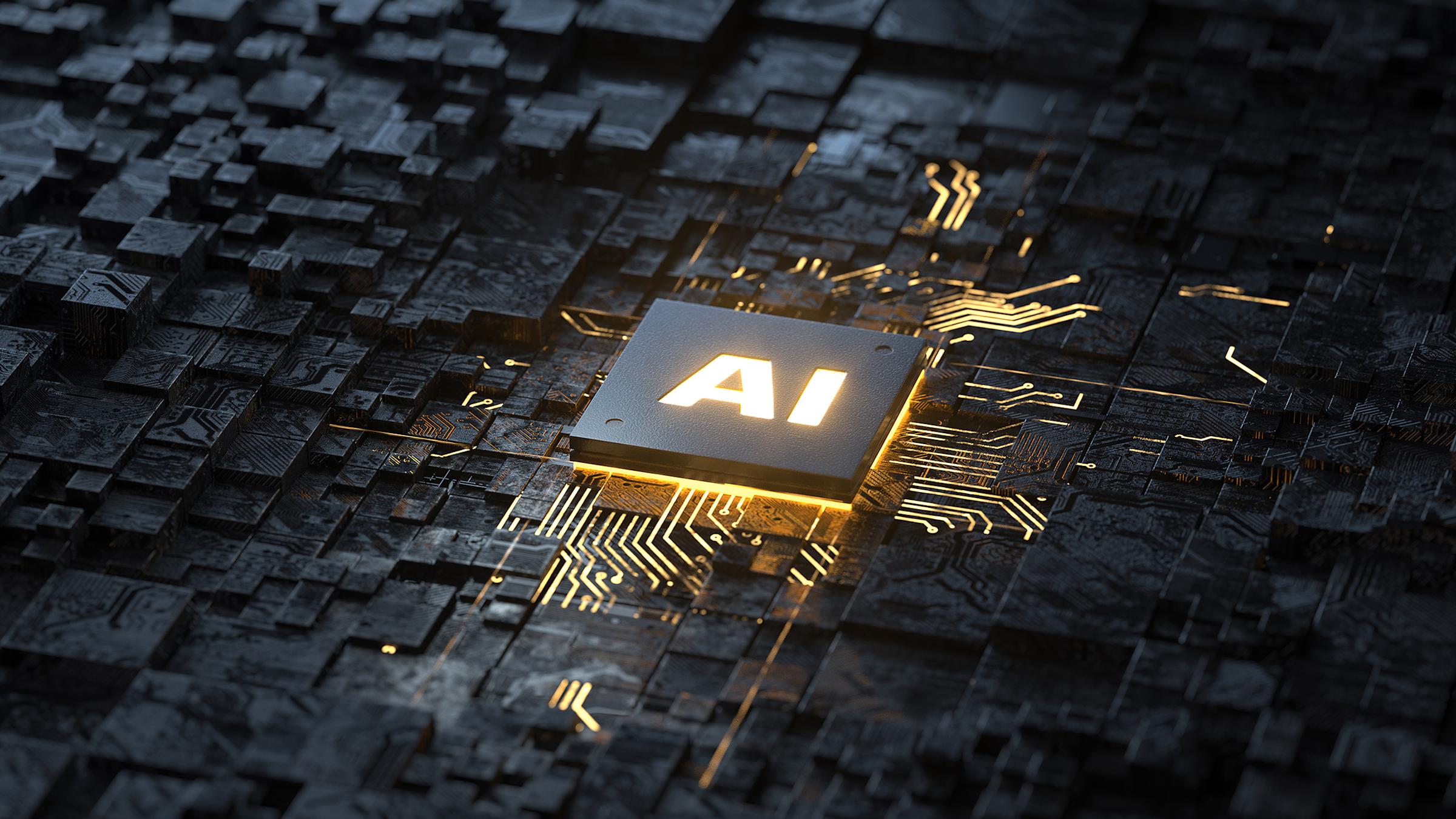 Computer CPU with glowing "AI" letters