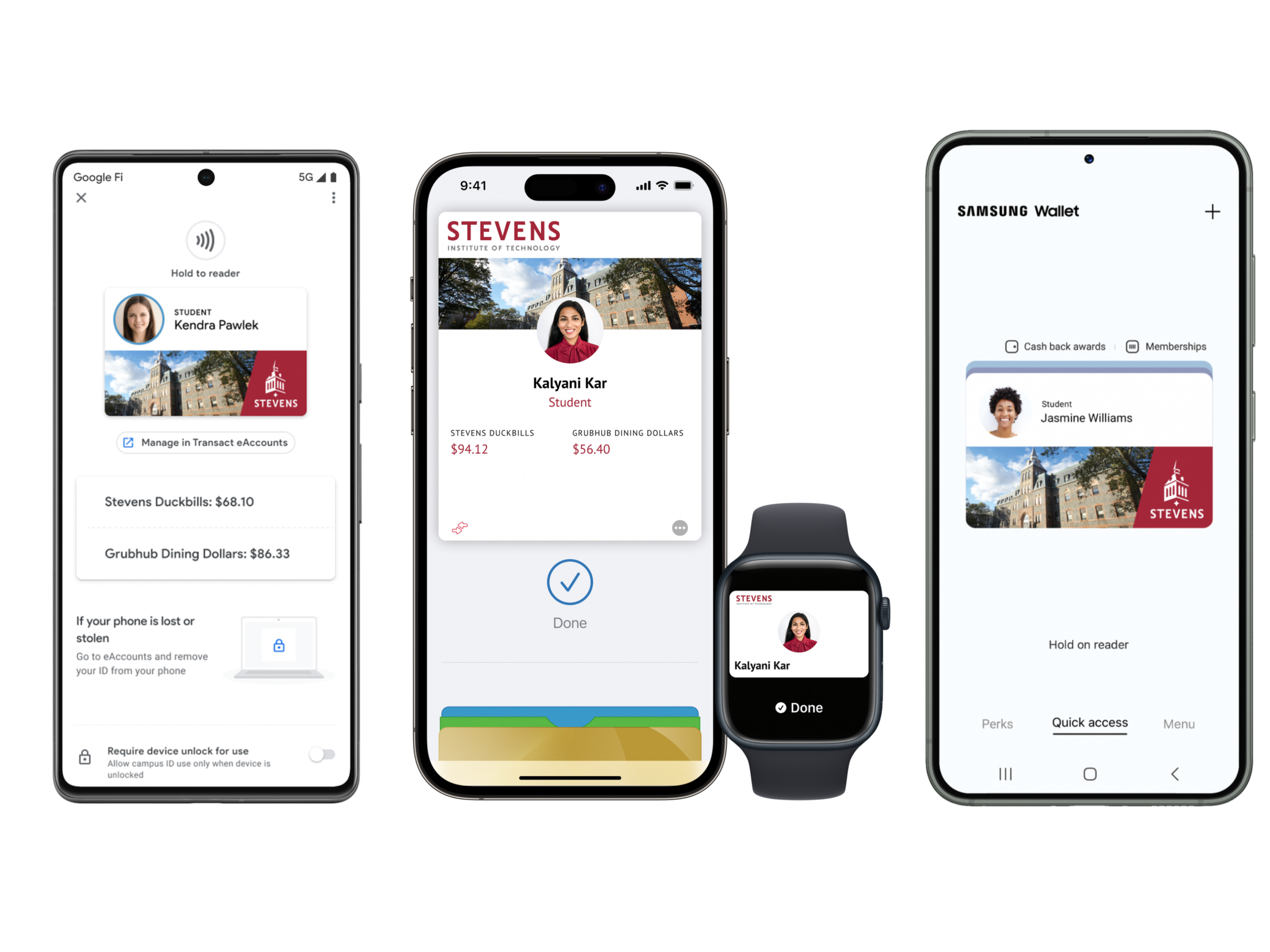 Image displaying the DuckCard in all the 3 wallets(apple wallet, Samsung wallet, google wallet)