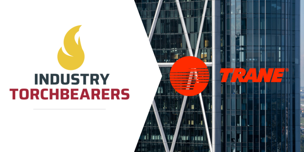 Industry Torchbearers logo on the left with the Trane logo and building on the right, promoting the event AI in the Built Environment
