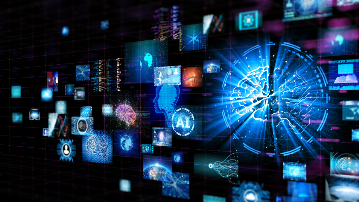 A series of lit-up screens depicting various aspects of AI (such as brains, the globe, coding, etc.) against a black background