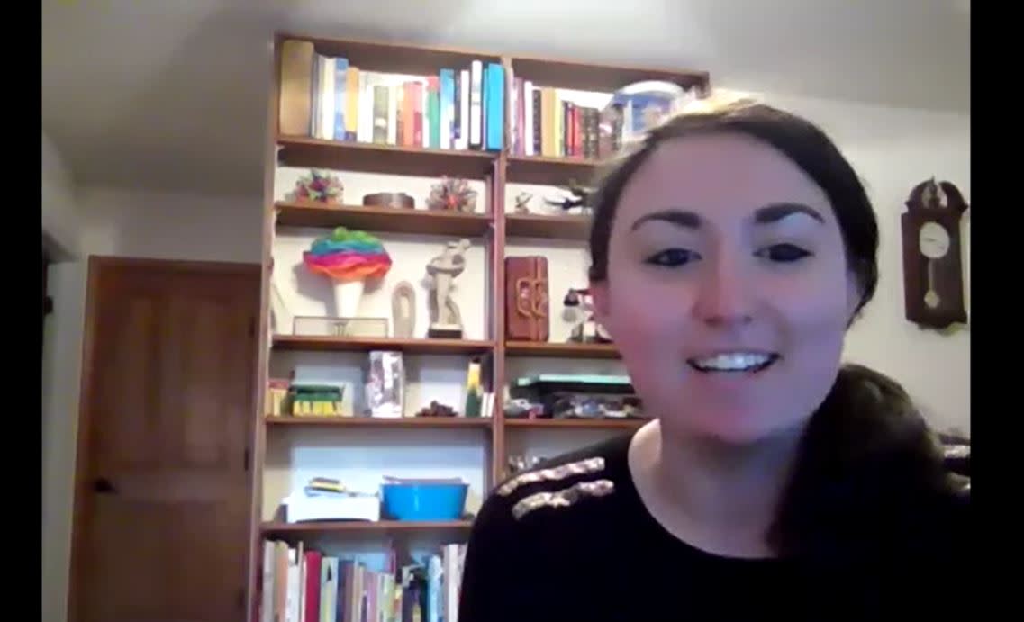 Female speaker presents on Zoom at the Pinnacle Alumni Event