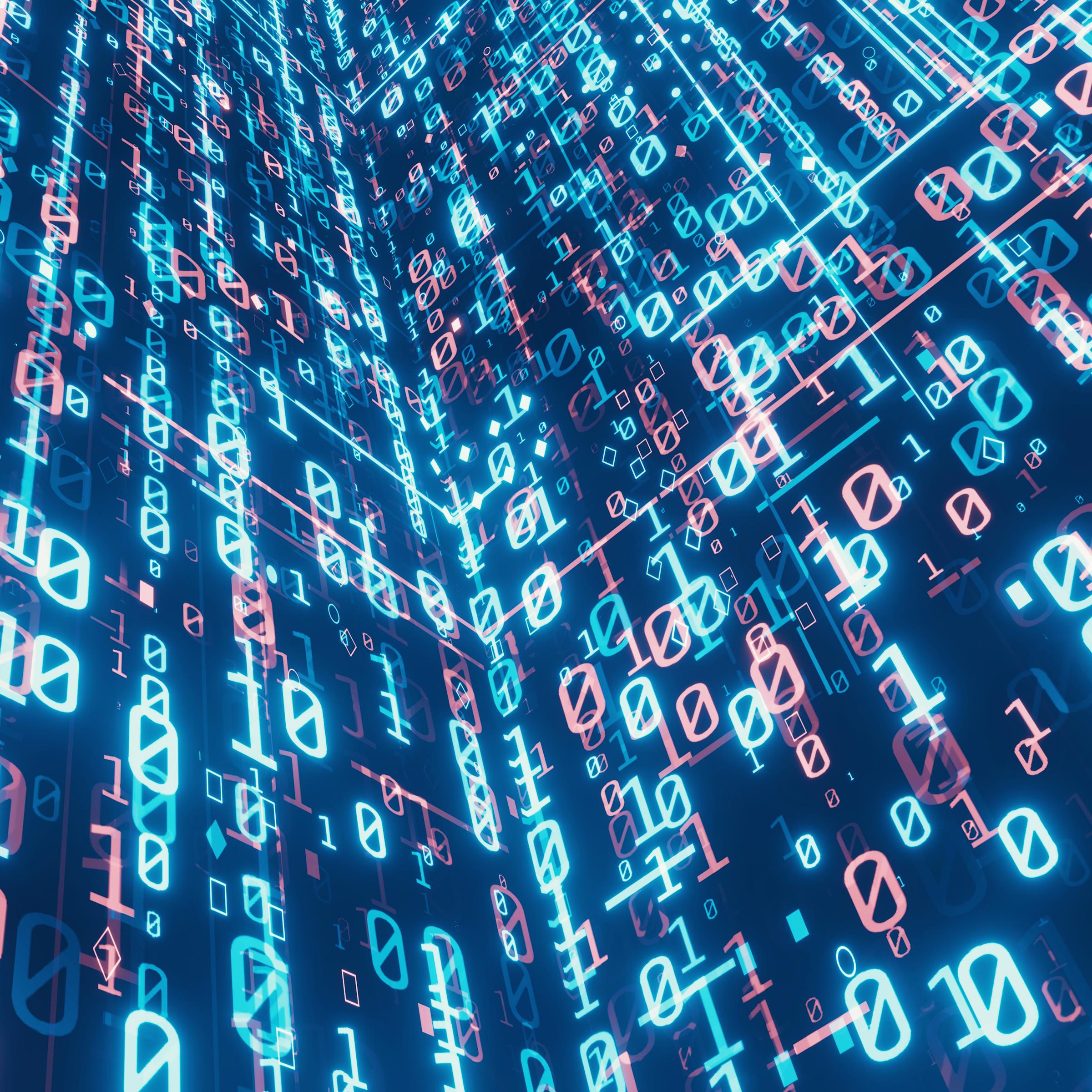 Abstract image of glowing binary ones and zeros