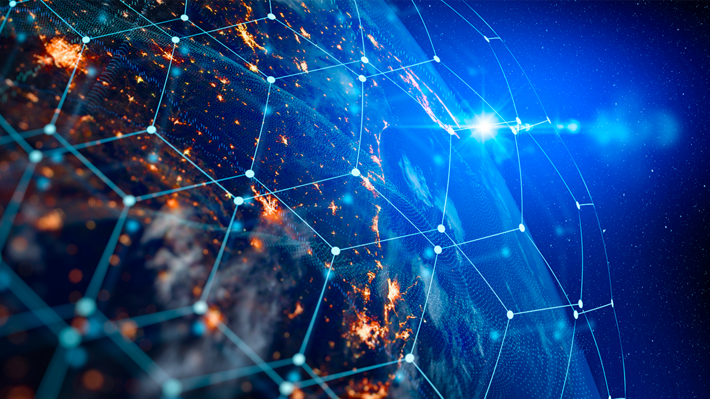 Picture of earth from space covered by a net of electronic nodes