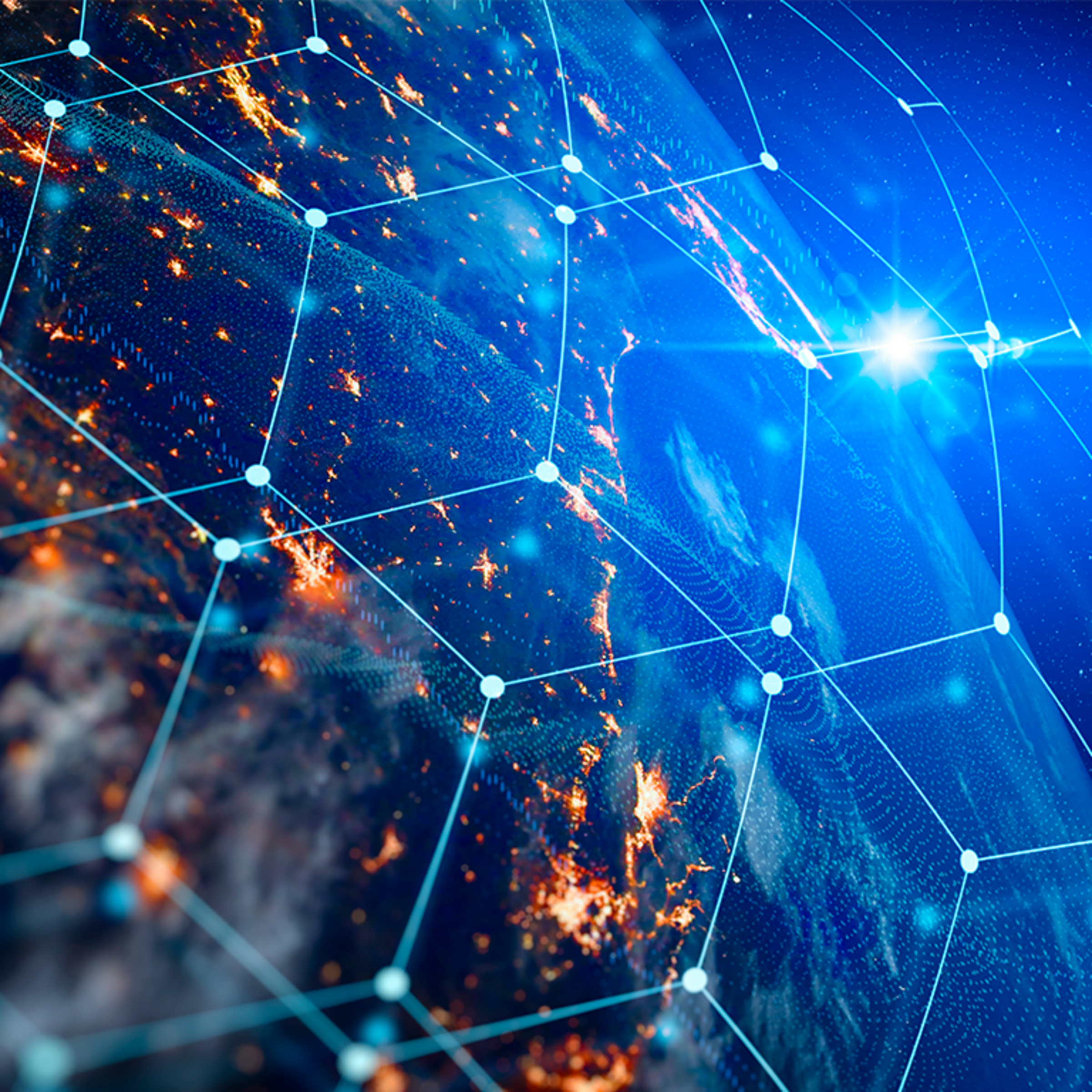 Picture of earth from space covered by a net of electronic nodes
