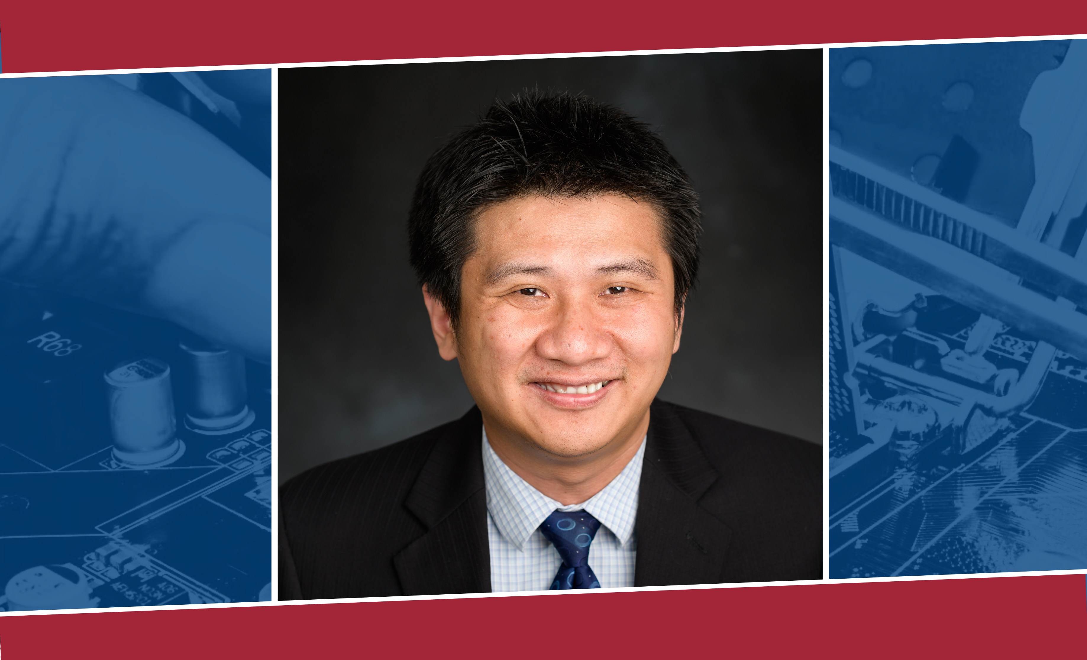 Portrait of Yu Gan against a larger background that includes blue-tinted closeups of a circuit board