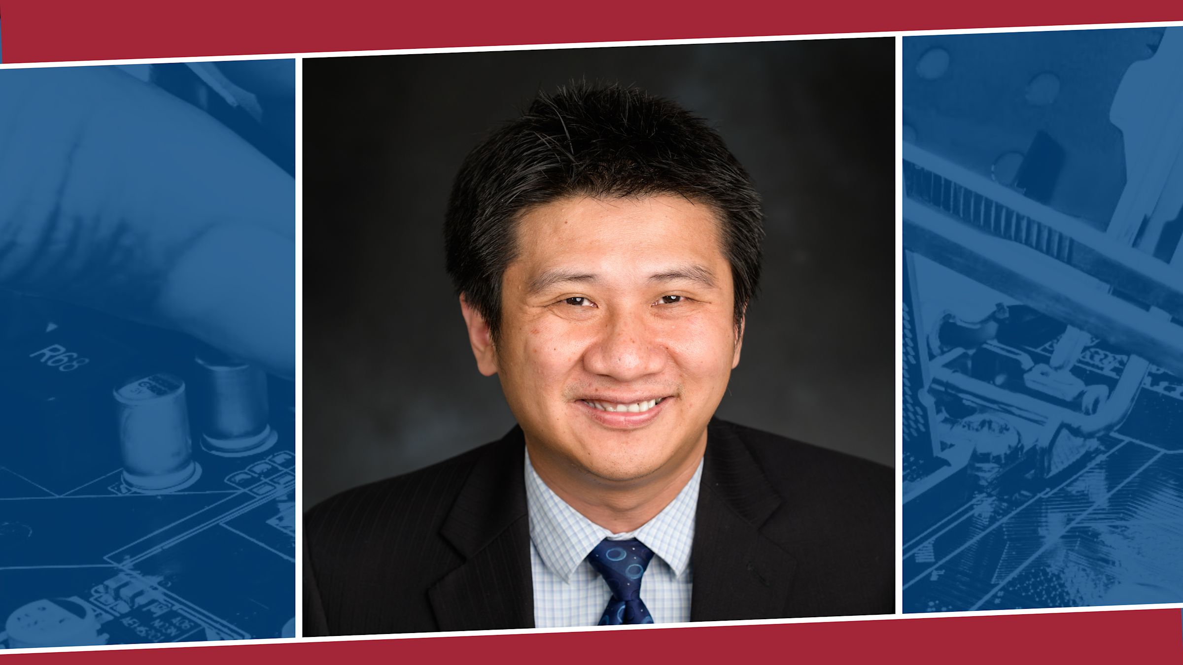 Portrait of Yu Gan against a larger background that includes blue-tinted closeups of a circuit board