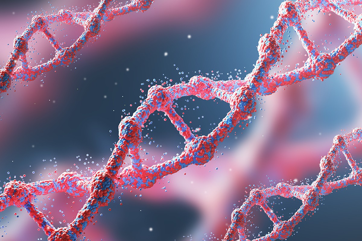 pink dna strands on a blue background