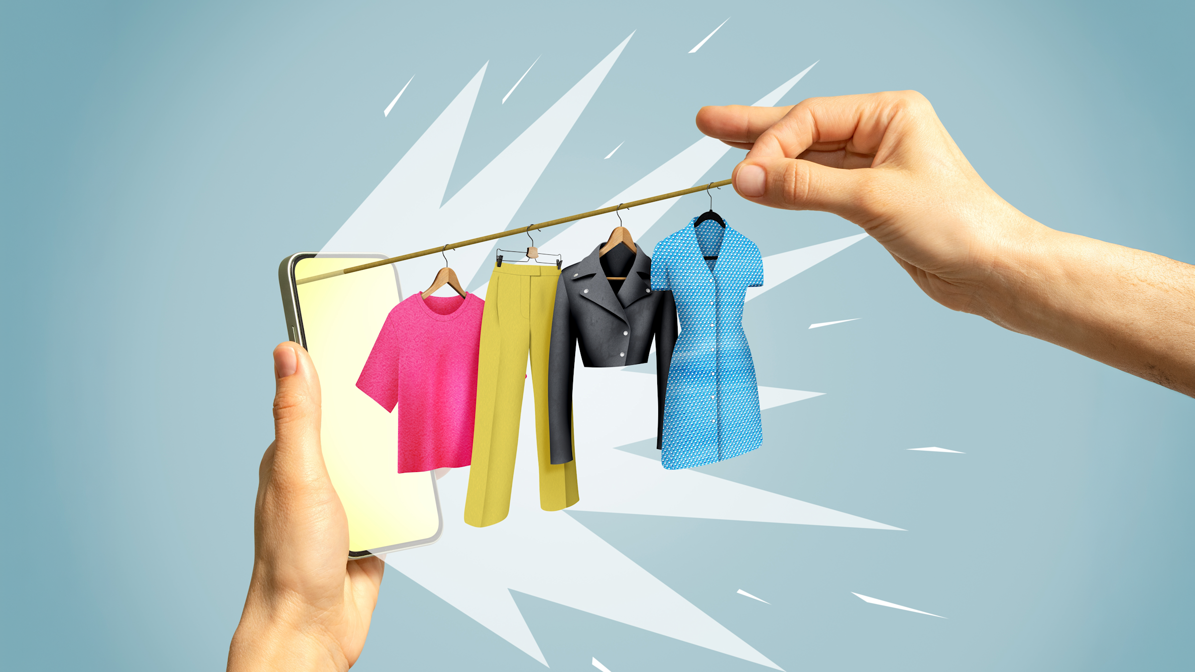 One hand holds up a phone while another pulls a string of different clothing items out of it.