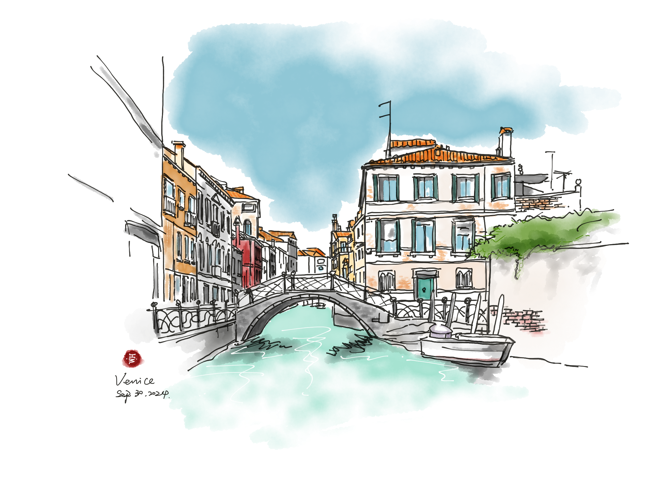 A watercolor painting of a bridge in Venice, Italy.
