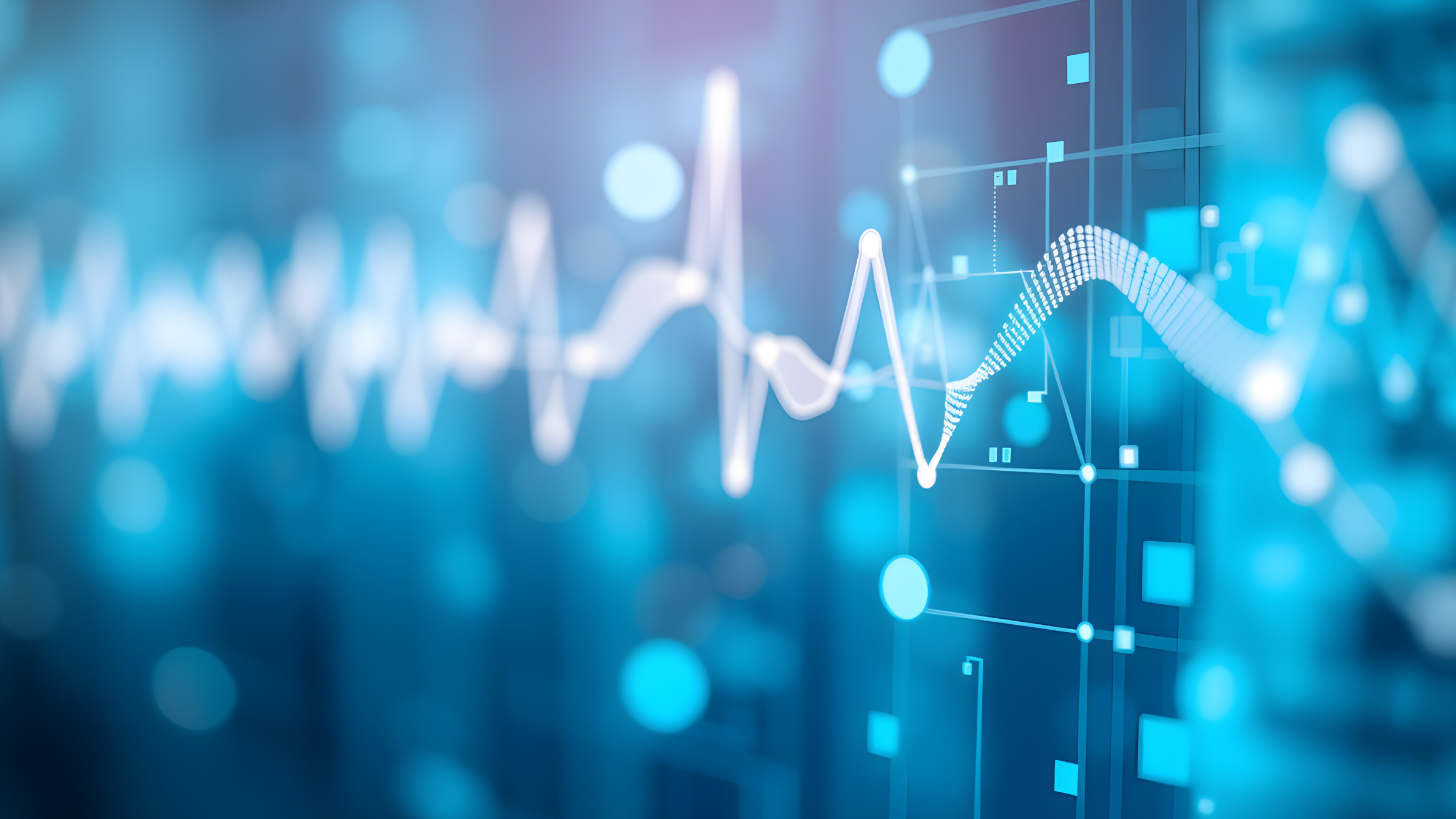 A futuristic white heartbeat line and floating square data points over a blurred blue background.