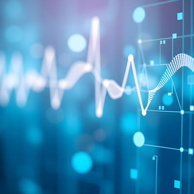 A futuristic white heartbeat line and floating square data points over a blurred blue background.