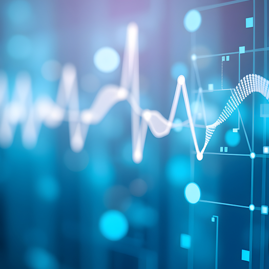 A futuristic white heartbeat line and floating square data points over a blurred blue background.