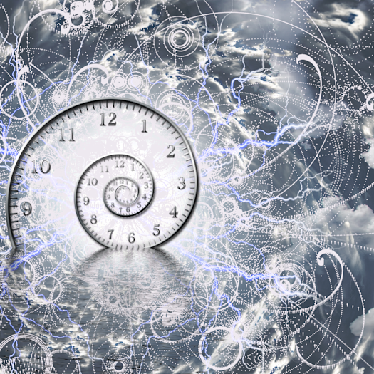 computer graphic depicting a spiraling clock that is meant to represent a quantum clock