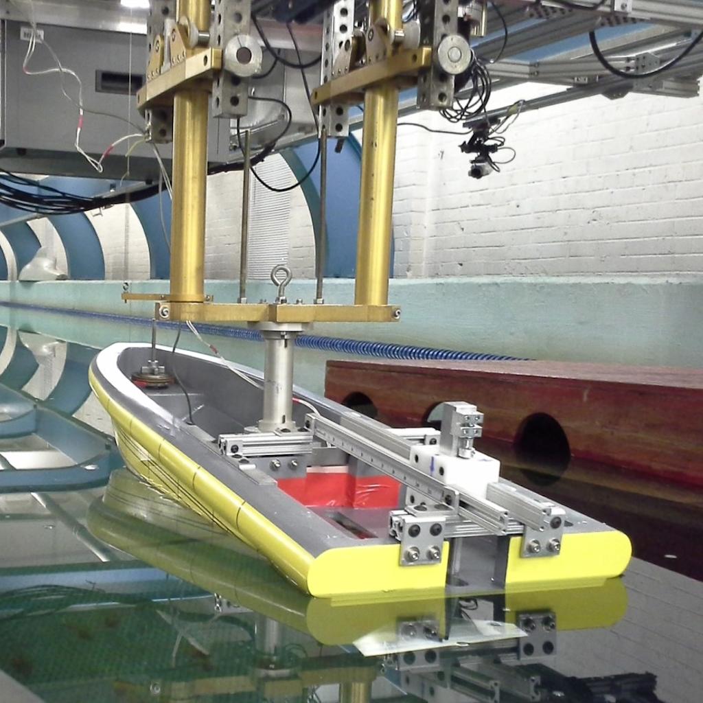 Davidson Laboratory towing tank testing a model boat hull