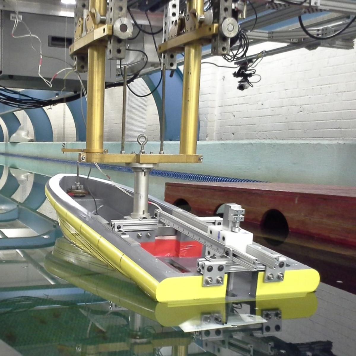 Davidson Laboratory towing tank testing a model boat hull