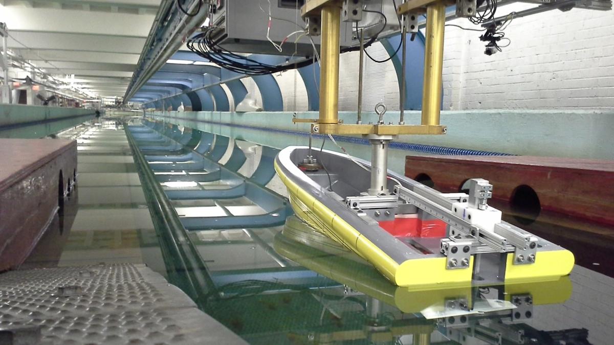 Davidson Laboratory towing tank testing a model boat hull