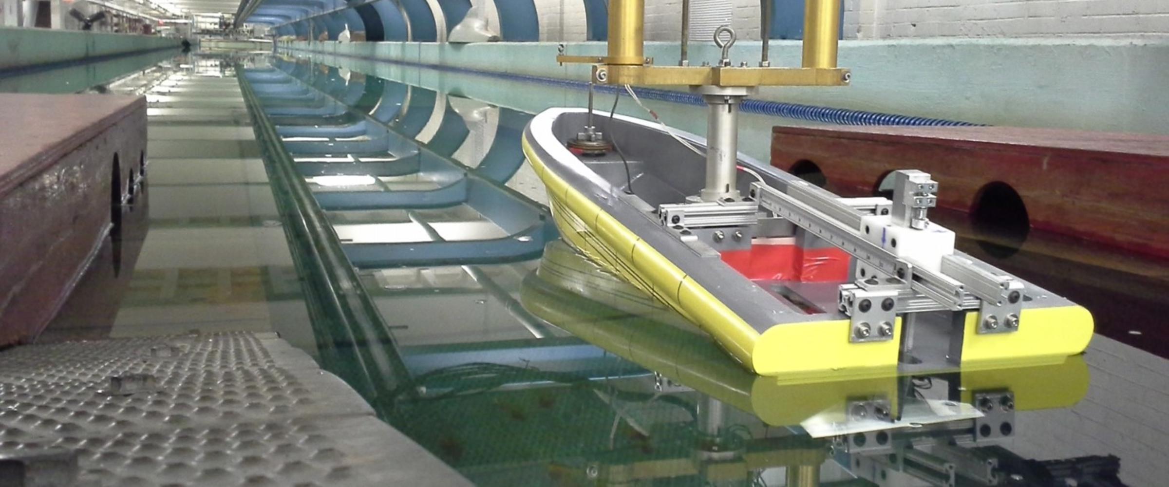 Davidson Laboratory towing tank testing a model boat hull