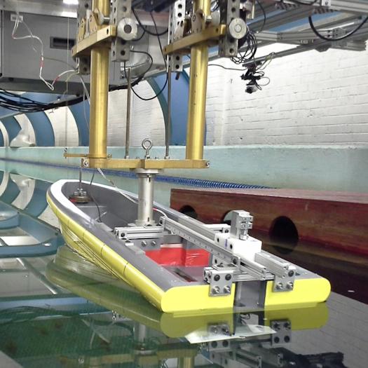 Davidson Laboratory towing tank testing a model boat hull