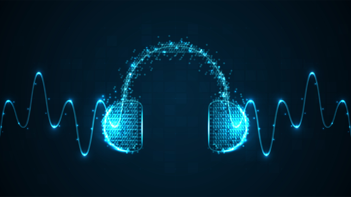 An abstract illustration of headphones emanating sound waves in blue, against a black background.