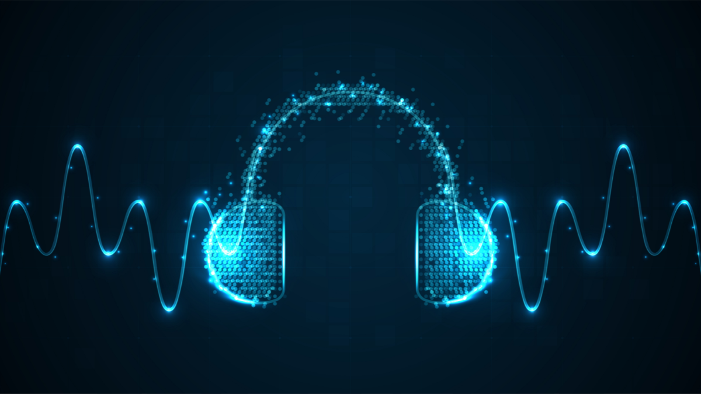 An abstract illustration of headphones emanating sound waves in blue, against a black background.