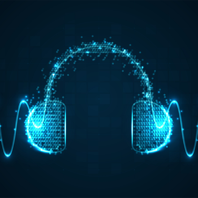 An abstract illustration of headphones emanating sound waves in blue, against a black background.