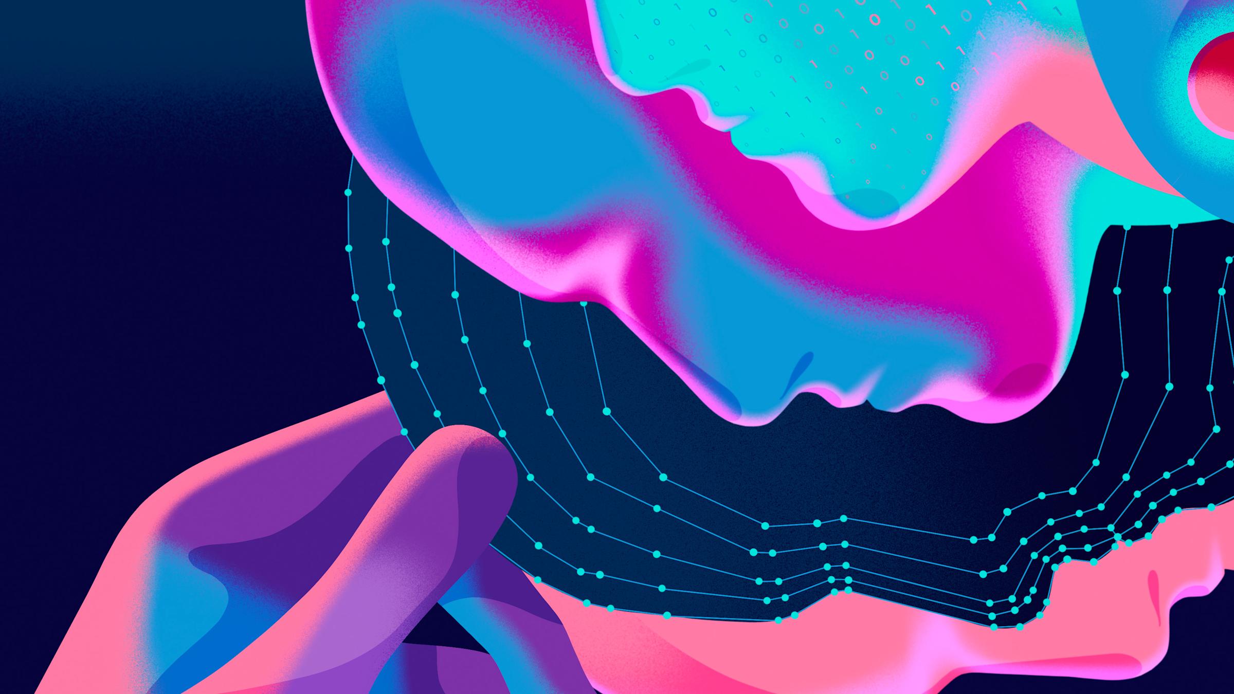 Illustration of a hand reaching up to images of cascading digital faces.