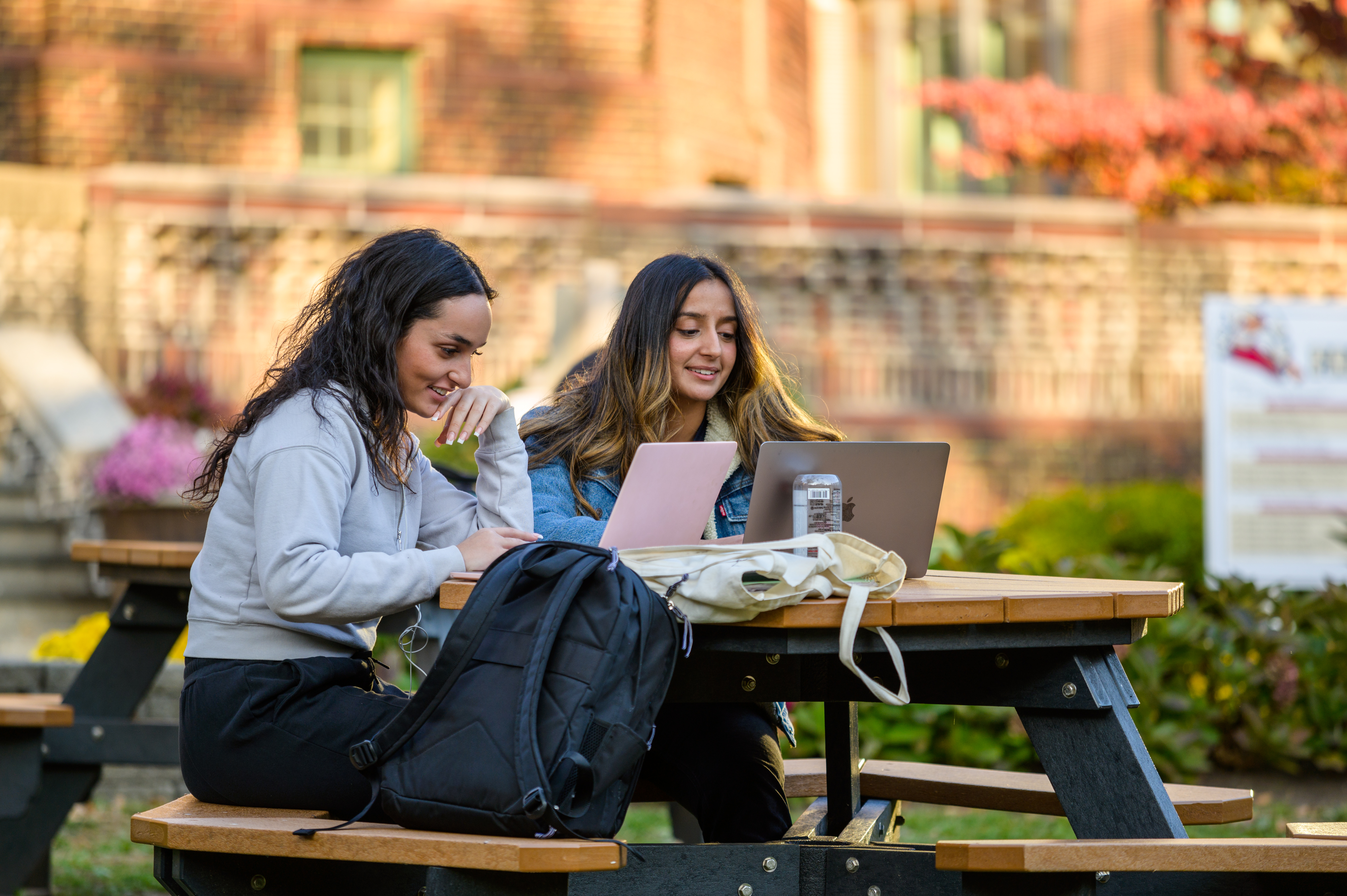 Two female students working on laptops at a table on the Stevens campus.