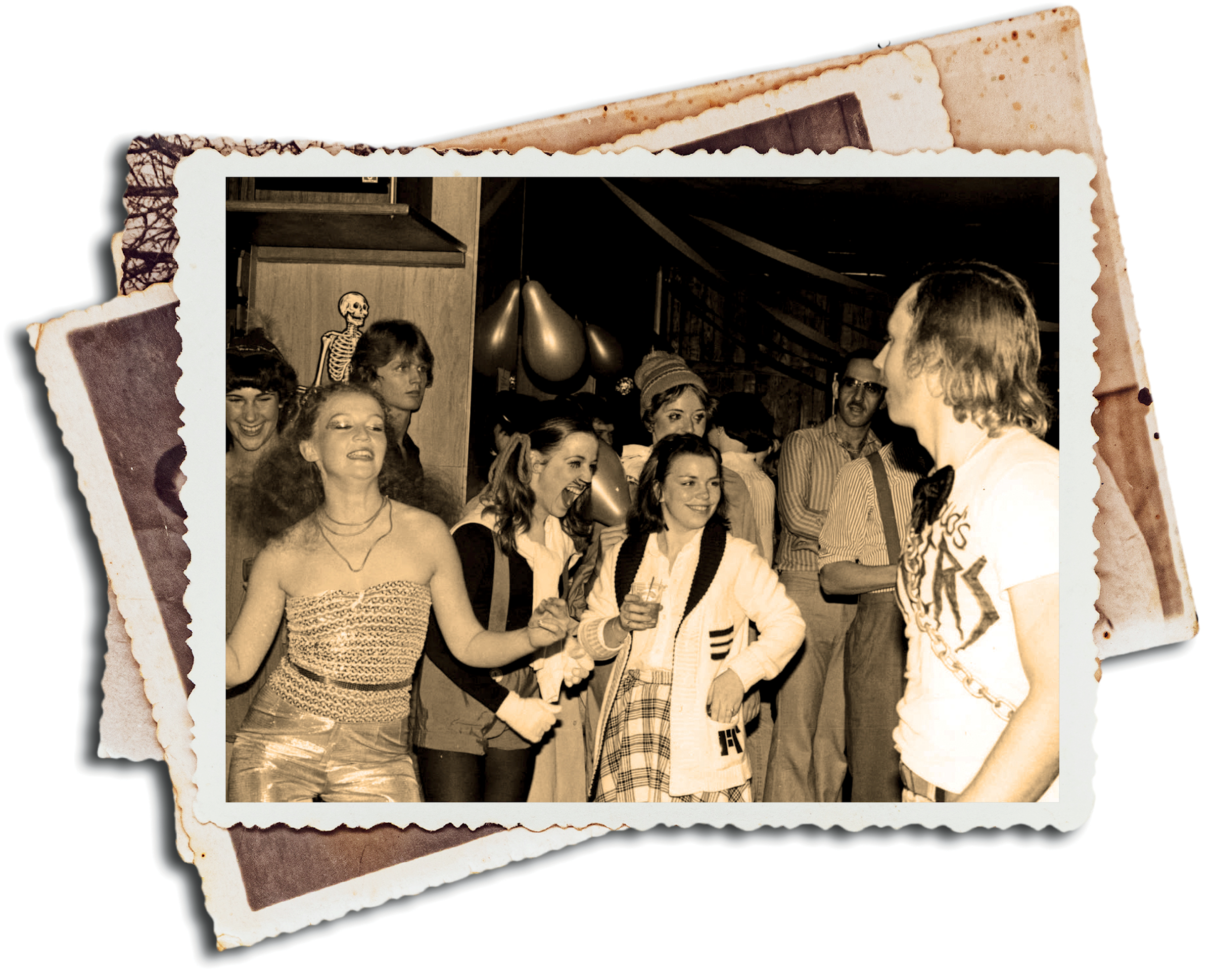 A sepia-toned. Polaroid-type photo of young male and female students dressed in Halloween costumes and dancing. Nearby, a small, sepia-toned circle with the dates 1970s-1990s inscribed.