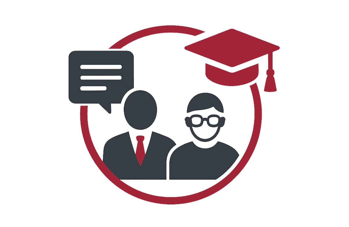 Illustration of faculty member and student with speech balloon and graduating hat icons.