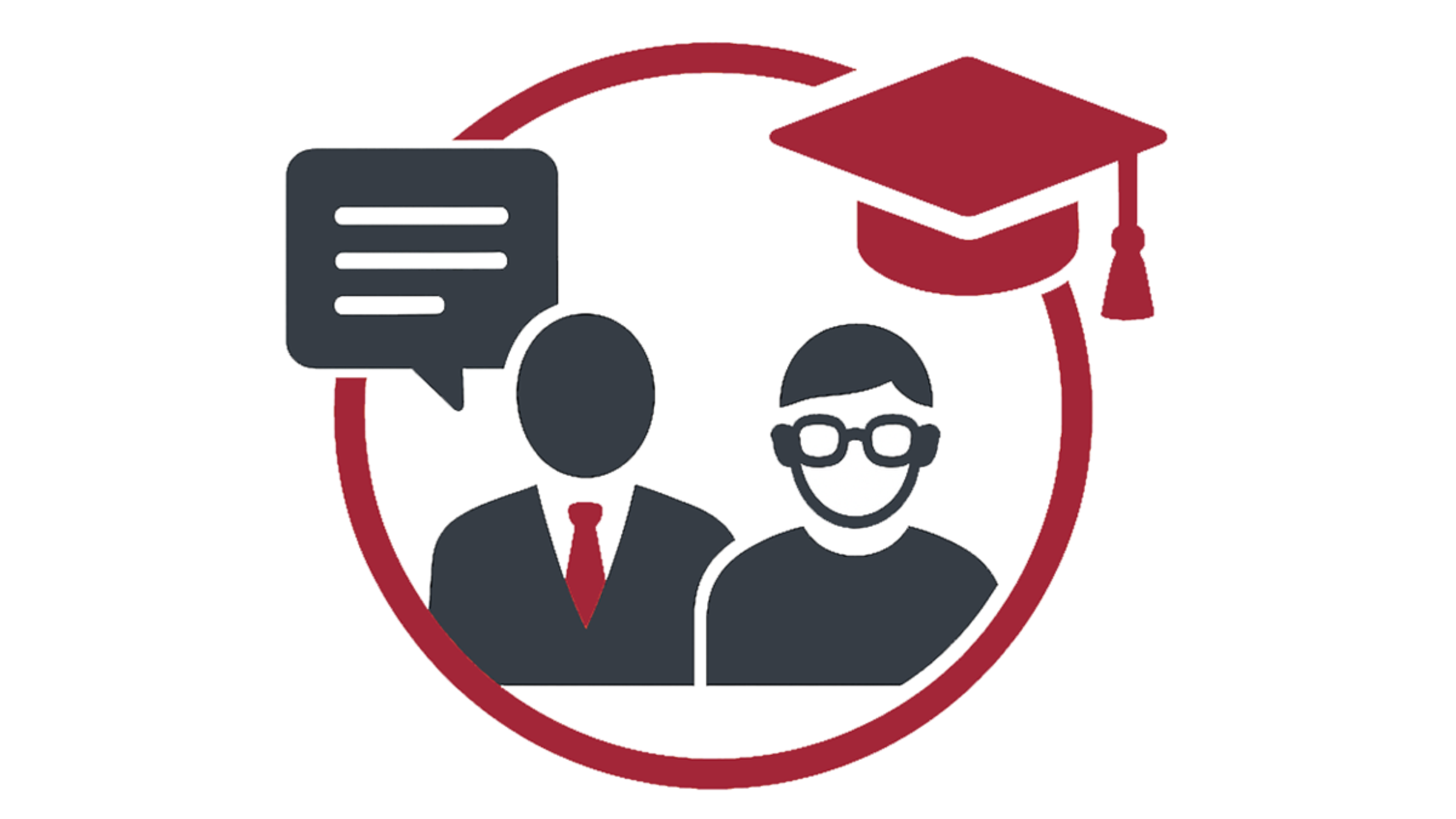 Illustration of faculty member and student with speech balloon and graduating hat icons.