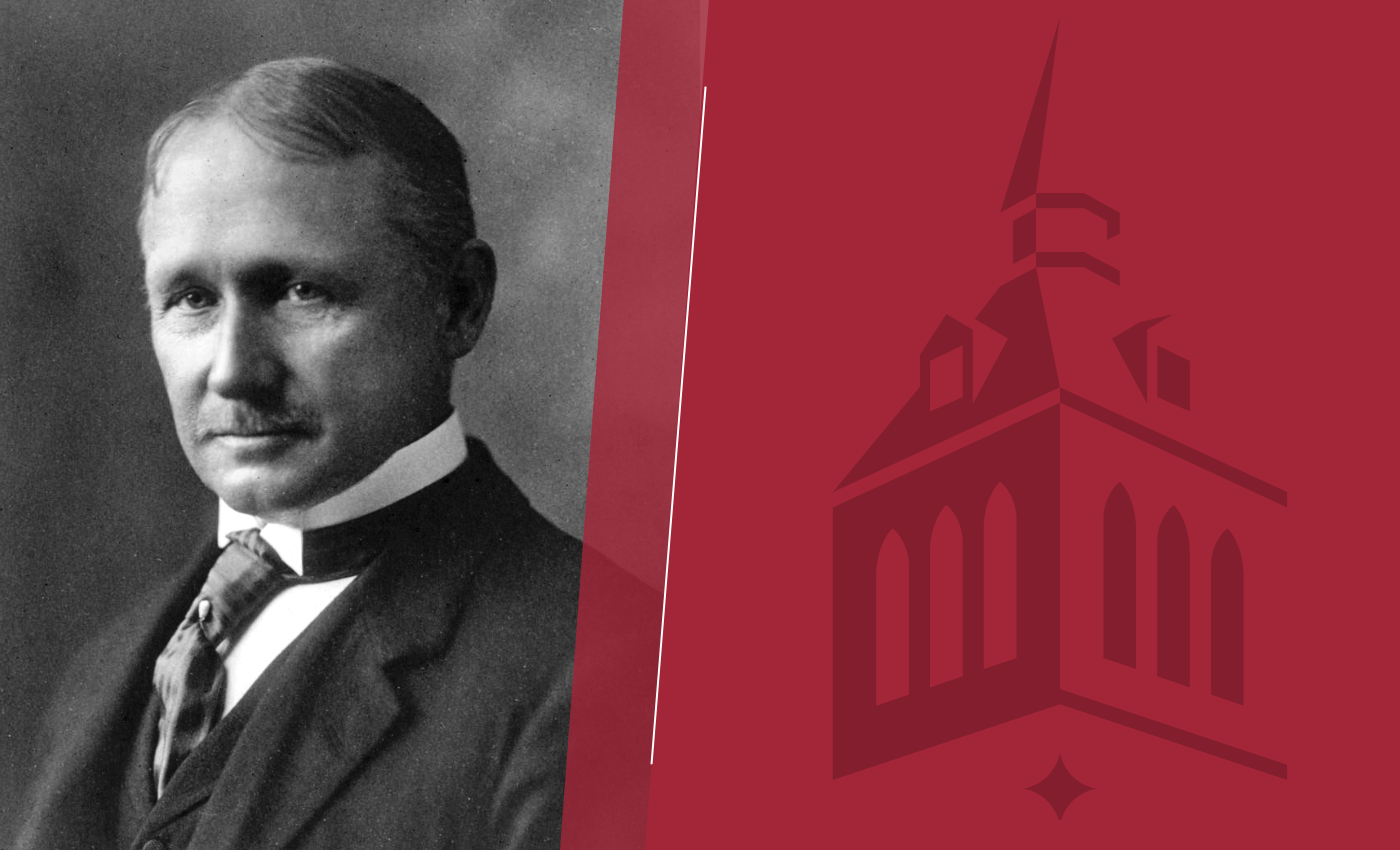 A black-and-white portrait of Frederick Winslow Taylor overlaid on a Stevens Institute of Technology background with official logo next to portrait.