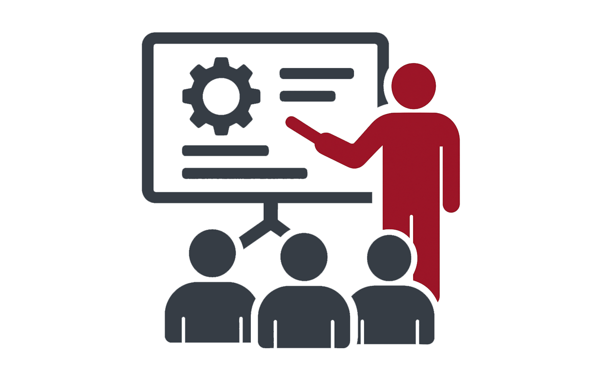 Illustration of a faculty member in a classroom of students with a screen containing a gear icon.